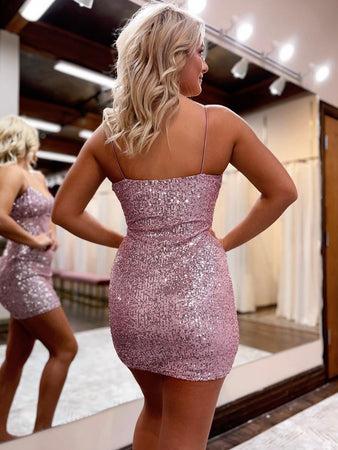 Sparkly Sequin Pink Bodycon Short Homecoming Dress