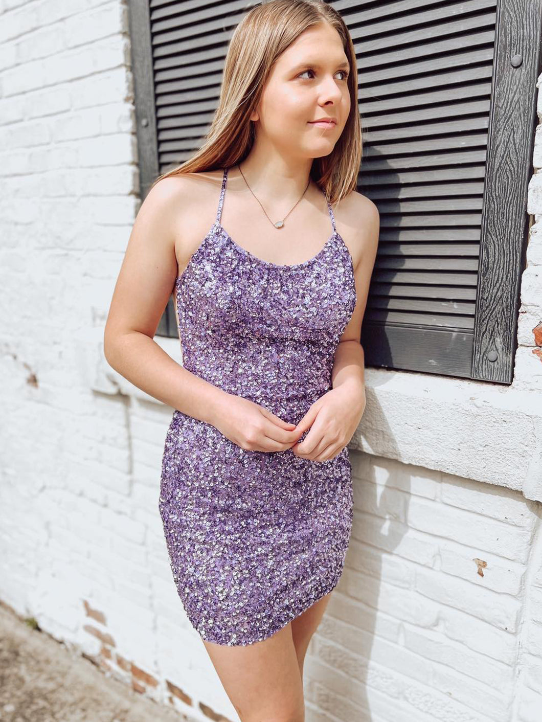 Purple Glitter Sequin Bodycon Homecoming Dress With Criss Cross Back