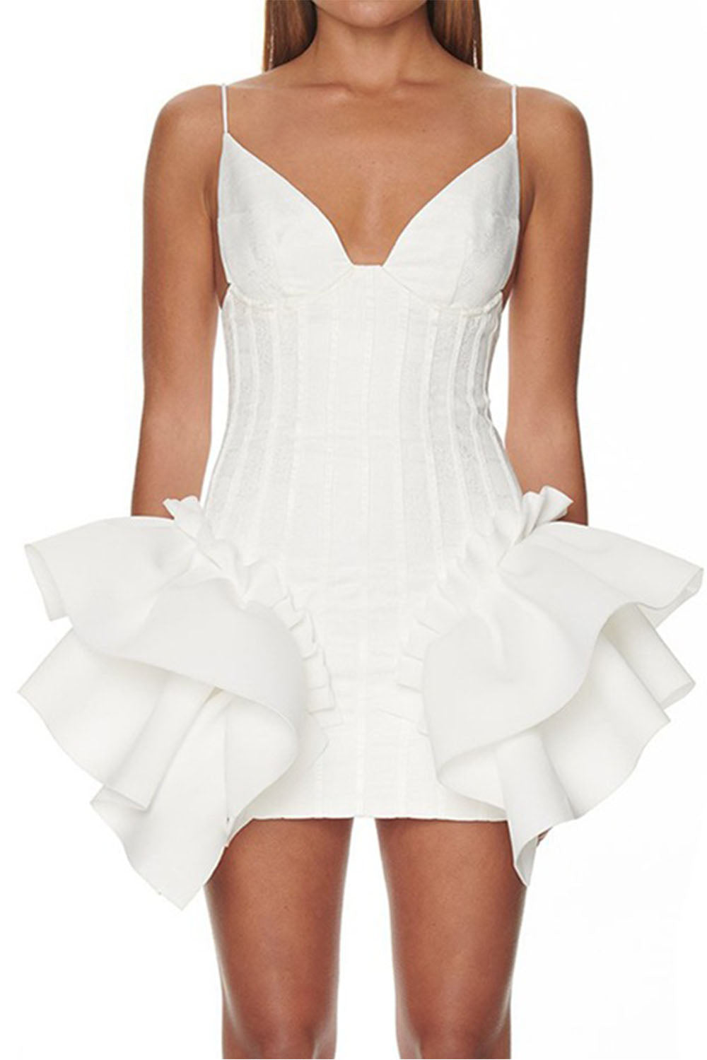 Bodycon White Spaghetti Straps Zipper Back Homecoming Dress With Ruffles