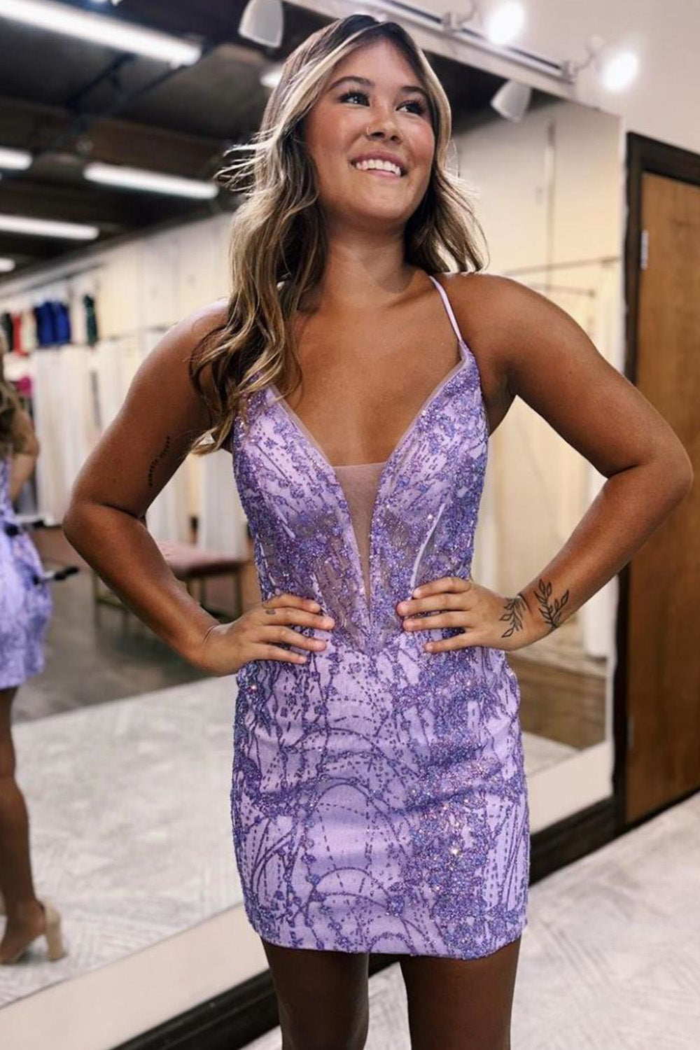 Glitter Sequin Spaghetti Straps Lace Up Short Homecoming Dress