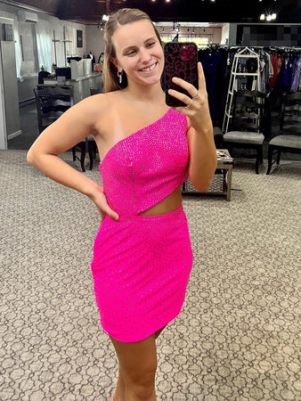 One Shoulder Fuchsia Cutout Giltter Bodycon Homecoming Dress