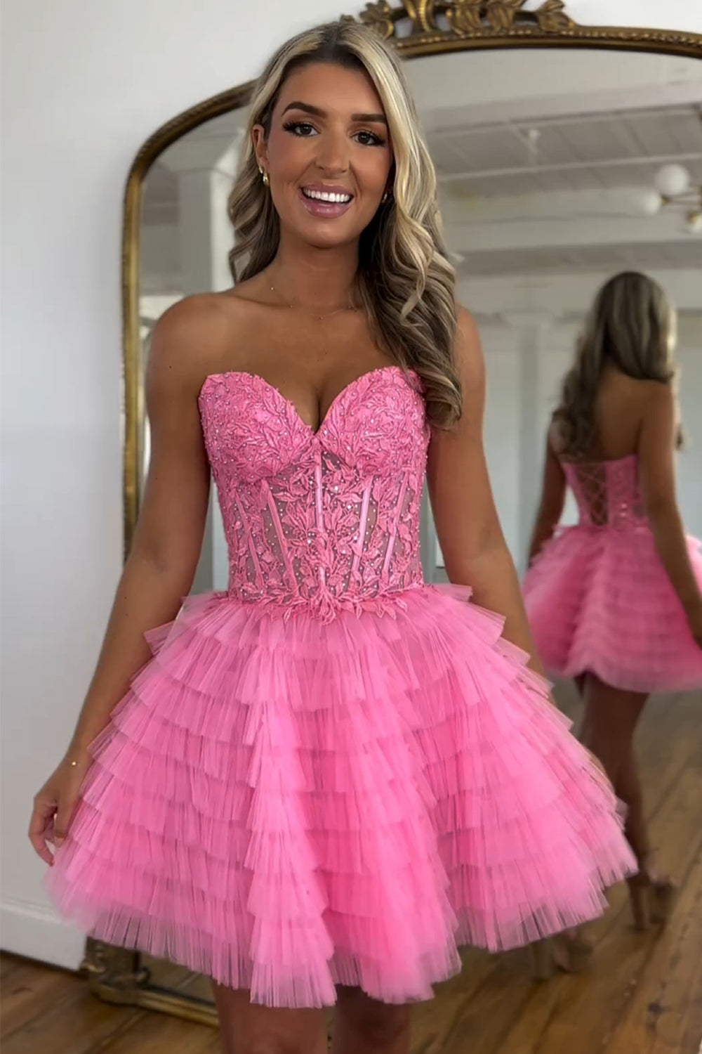 Pink Beaded Corset A Line Tiered Homecoming Dress