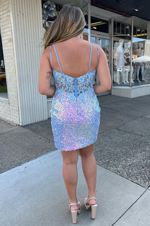 Blue Sparkly Sequins Corset Bodycon Short Homecoming Dress