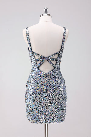 Silver Sparkly Short Homecoming Dress With Sequins