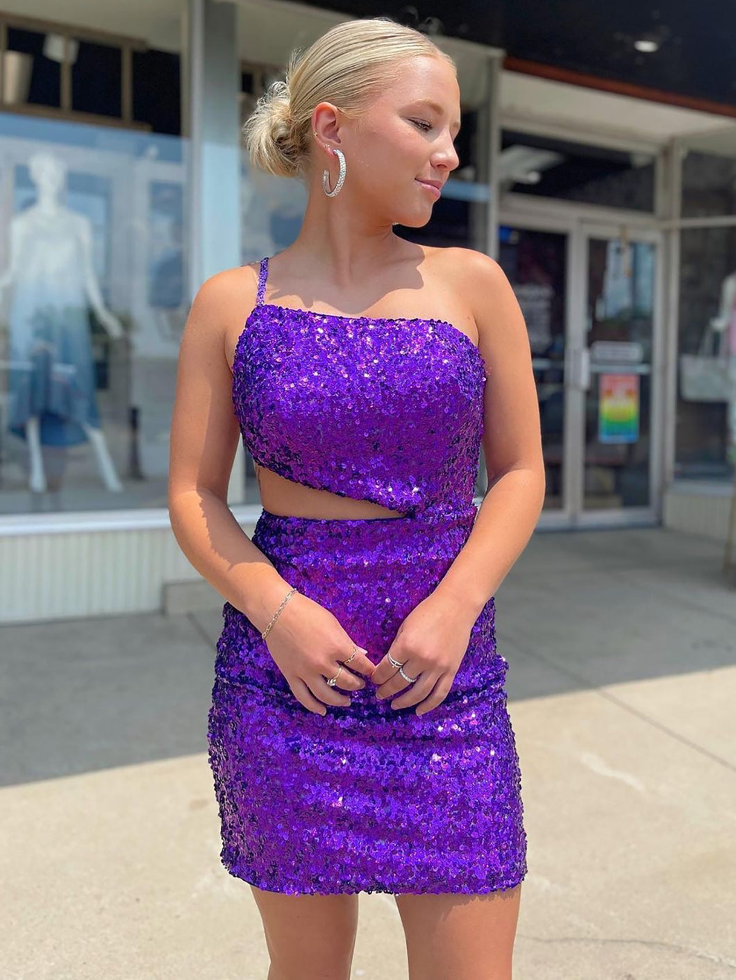 One Shoulder Purple Sparkly Sequin Backless Homecoming Dress