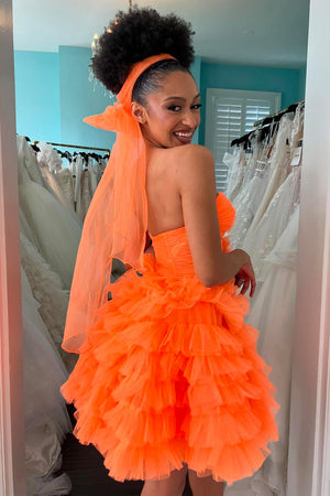 Orange A Line Sweetheart Tulle Tiered Homecoming Dress