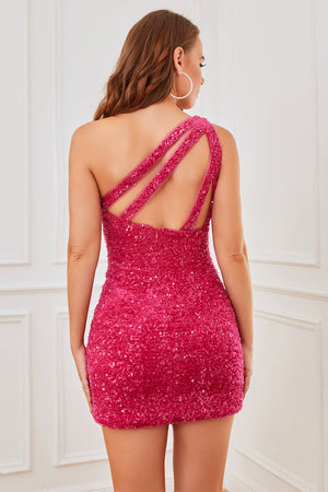 Fuchsia Sparkly Sequin One Shoulder Bodycon Short Cocktail Dress