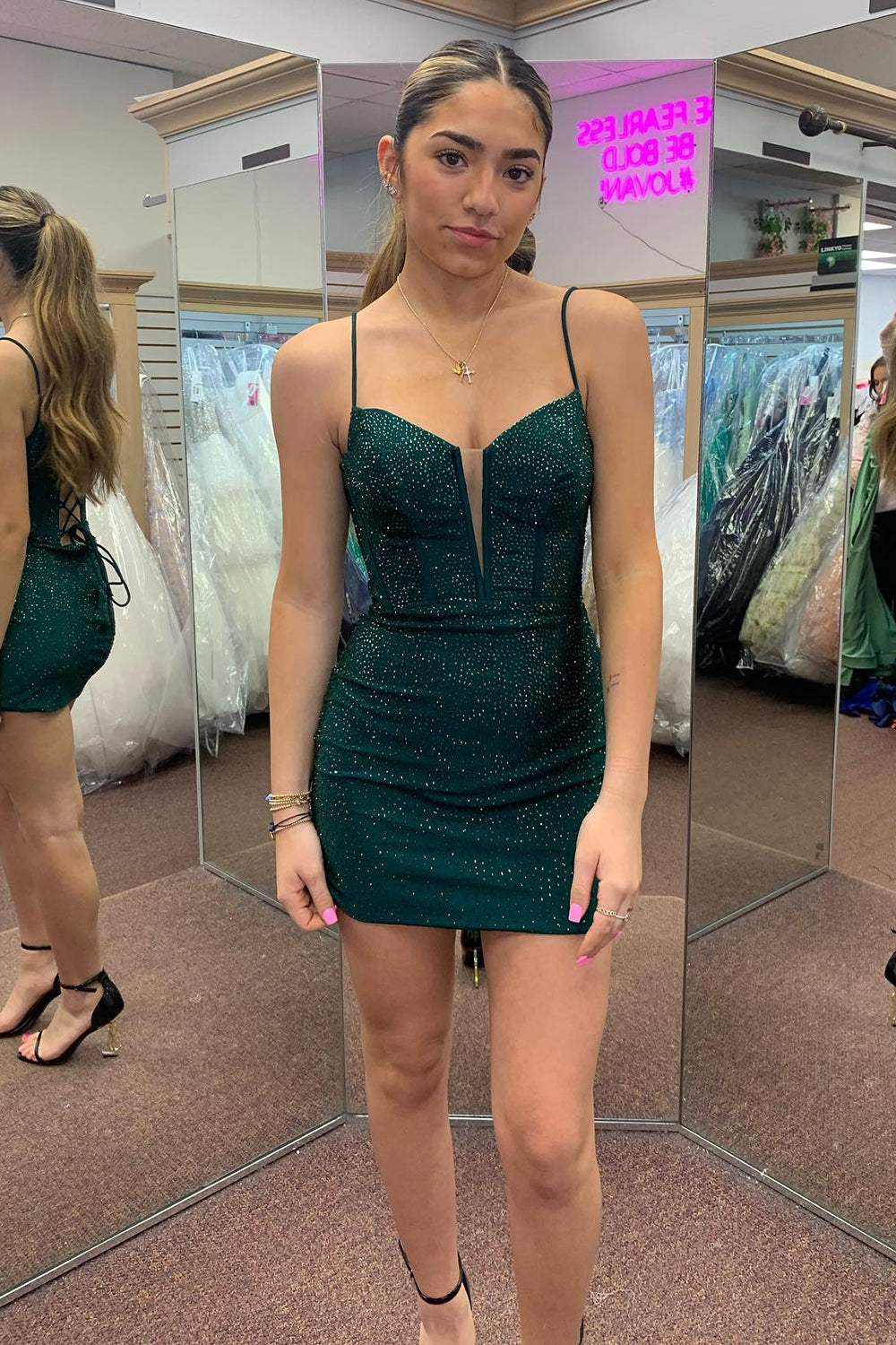 Dark Green Beaded Bodycon Spaghetti Straps Short Homecoming Dress