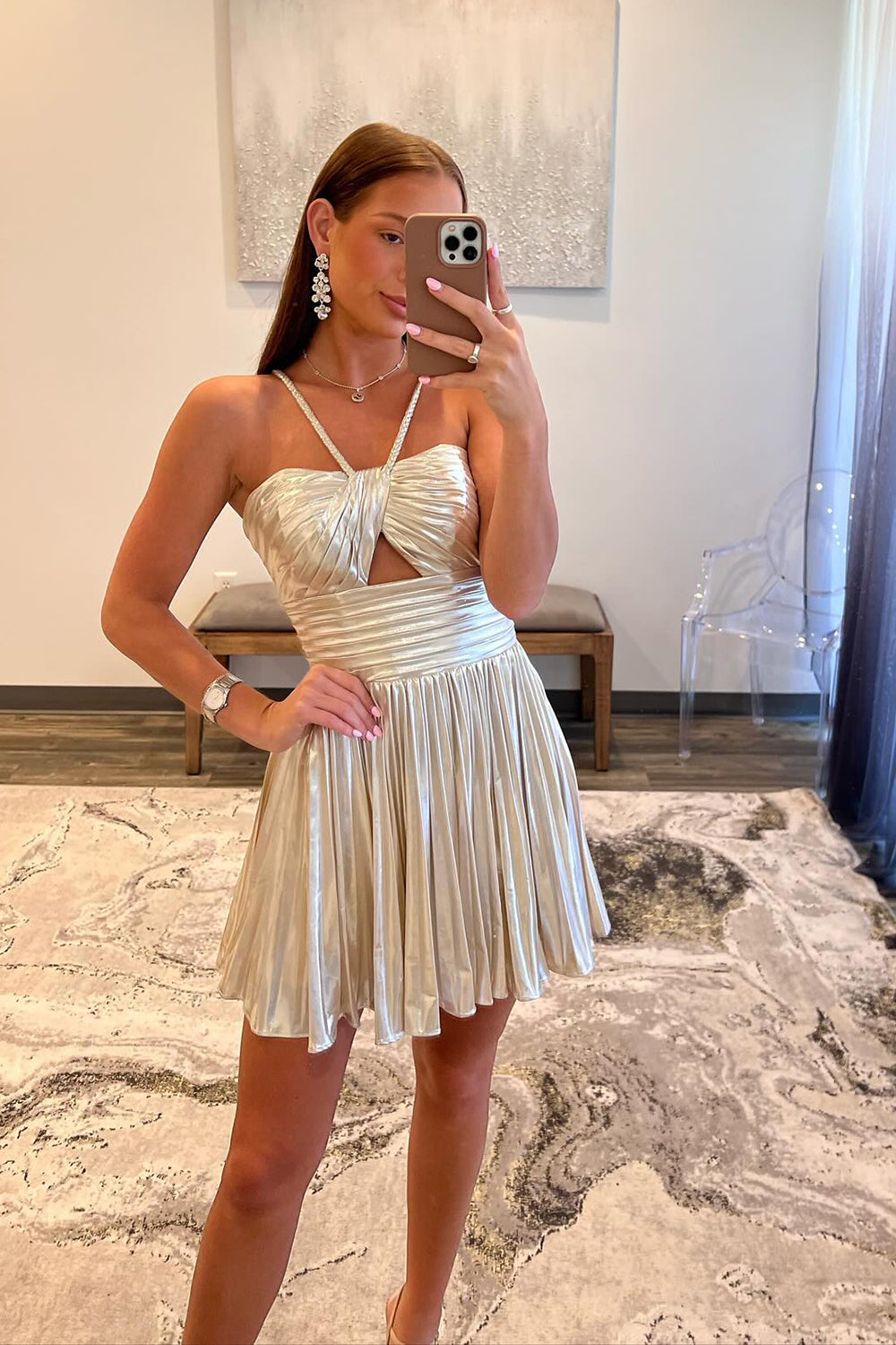 Sliver A Line Spaghetti Straps Pleated Short Homecoming Dress