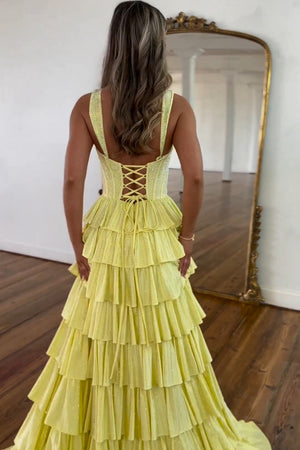 Corset Yellow Tiered A Line V Neck Spaghetti Straps Long Prom Dress with Slit