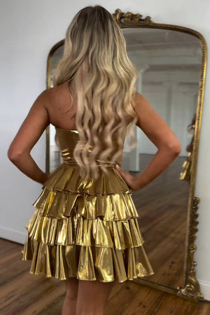 Sparkly Golden Tiered A Line Sweetheart Short Homecoming Dress