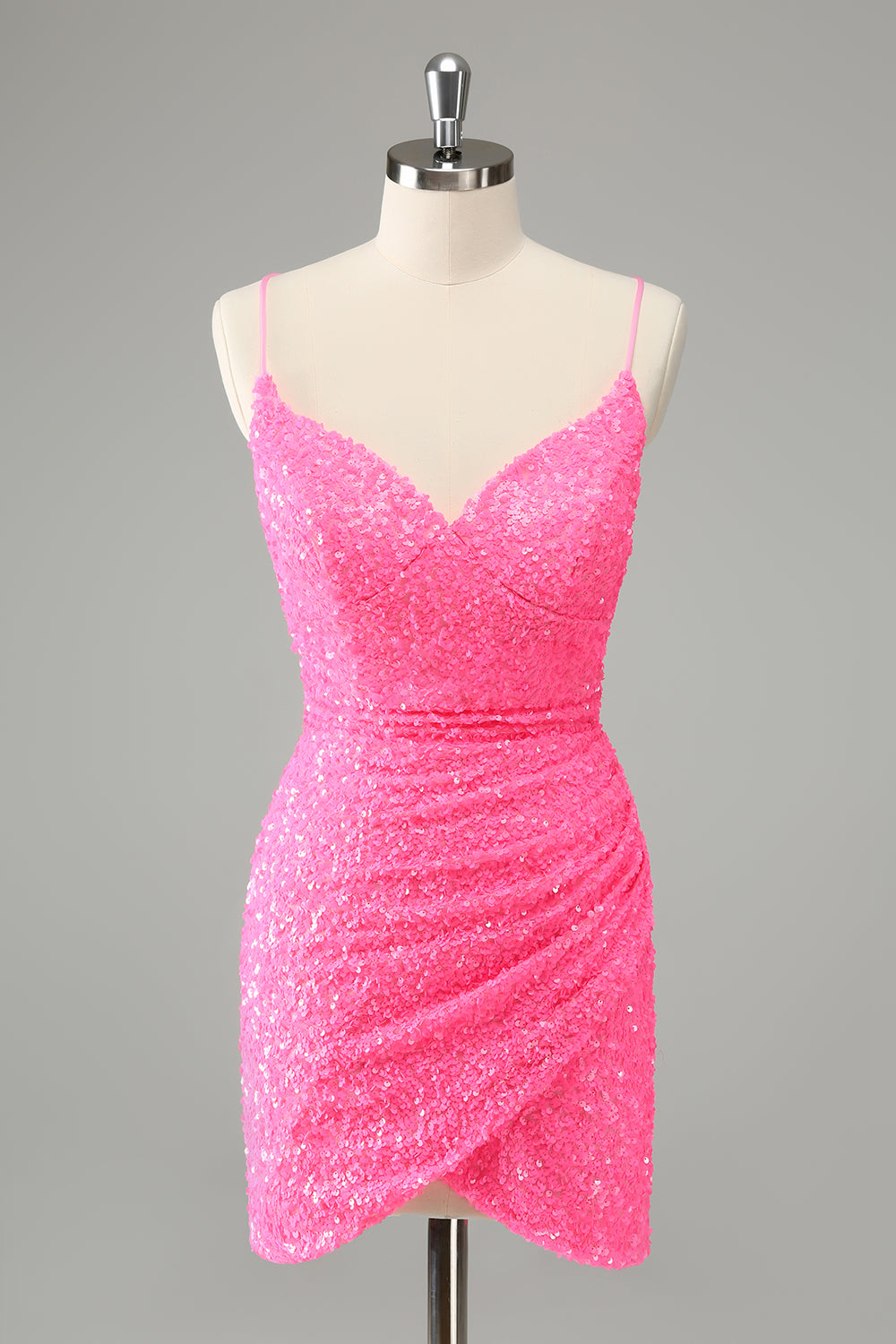 Glitter Hot Pink Tight Spaghetti Straps Sequins Short Homecoming Dress