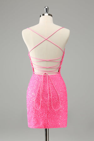 Glitter Hot Pink Tight Spaghetti Straps Sequins Short Homecoming Dress