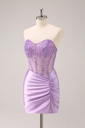 Lilac Strapless Sequins Corset Ruched Tight Homecoming Dress