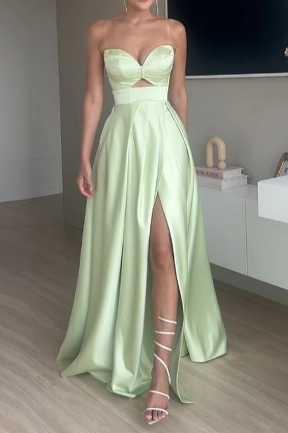 Green A-Line Sweetheart Satin Long Homecoming Dress With Slit