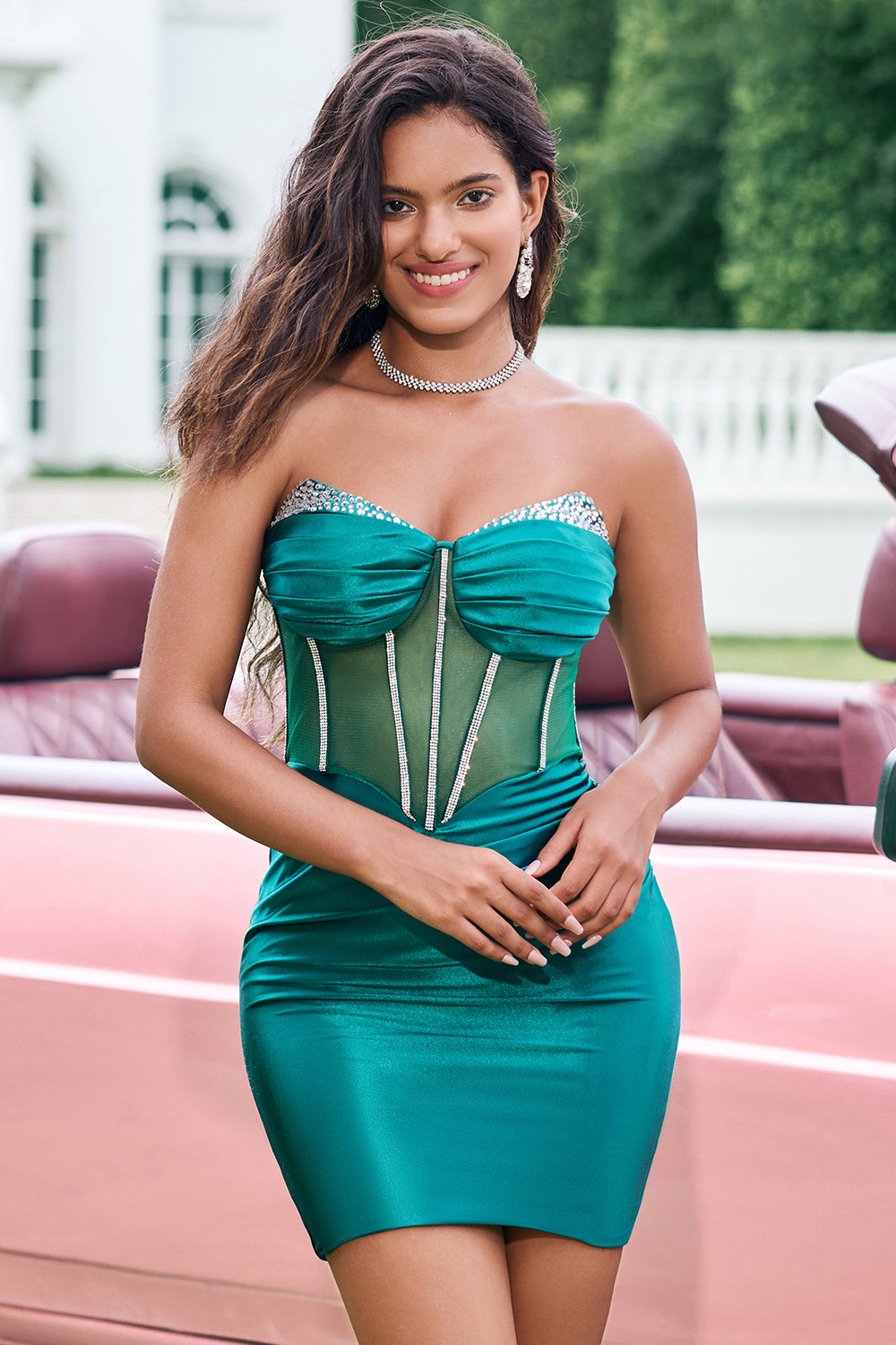 Sparkly Dark Green Corset Homecoming Dress with Beading