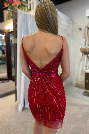 Sparkly Red Bodycon V Neck Spaghetti Straps Short Homecoming Dress