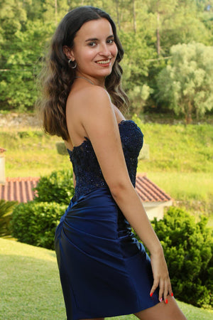 Navy Tight Sweetheart Short Satin Homecoming Dress With Appliques