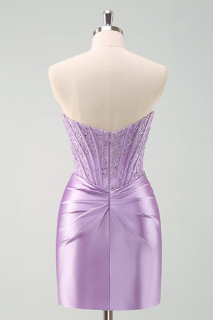 Satin Bodycon Purple Strapless Short Homecoming Dress