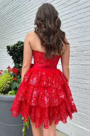 Bows Red Tiered Corset Strapless Homecoming Dress with Sequins