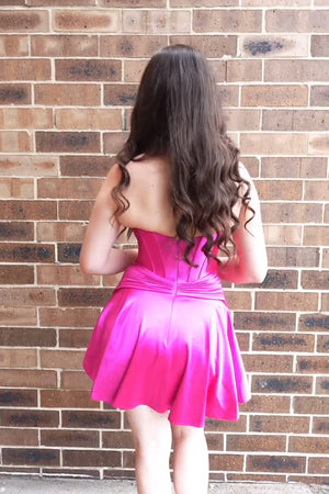 Sparkly Hot Pink A Line Corset Pleated Homecoming Dress