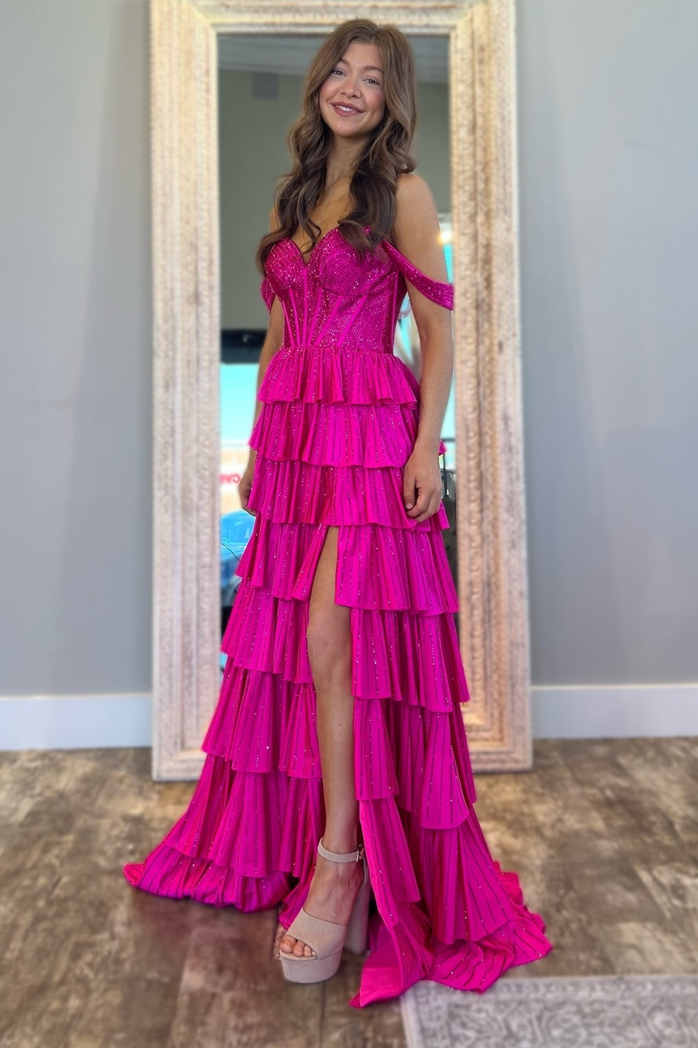 Sparkly Beads Fuchsia Corset Tiered Off The Shoulder Prom Dress