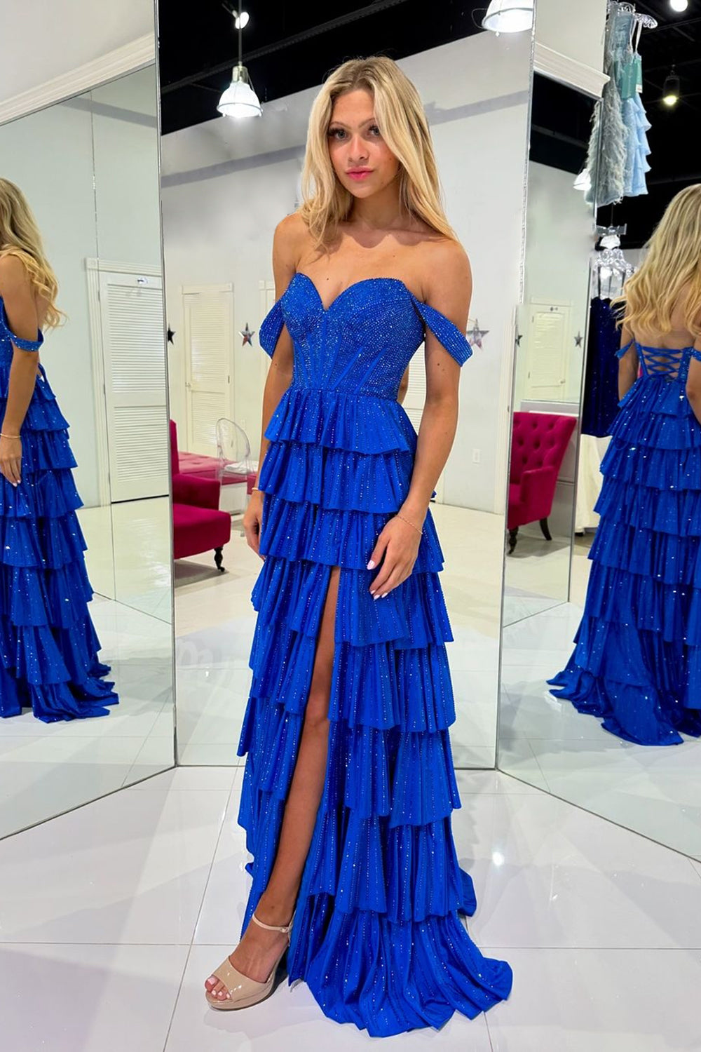 Sparkly Royal Blue Corset Tiered Off The Shoulder Prom Dress