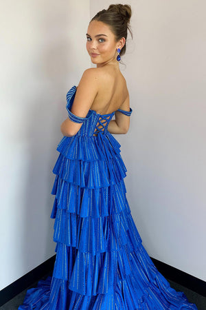 Sparkly Royal Blue Corset Tiered Off The Shoulder Prom Dress