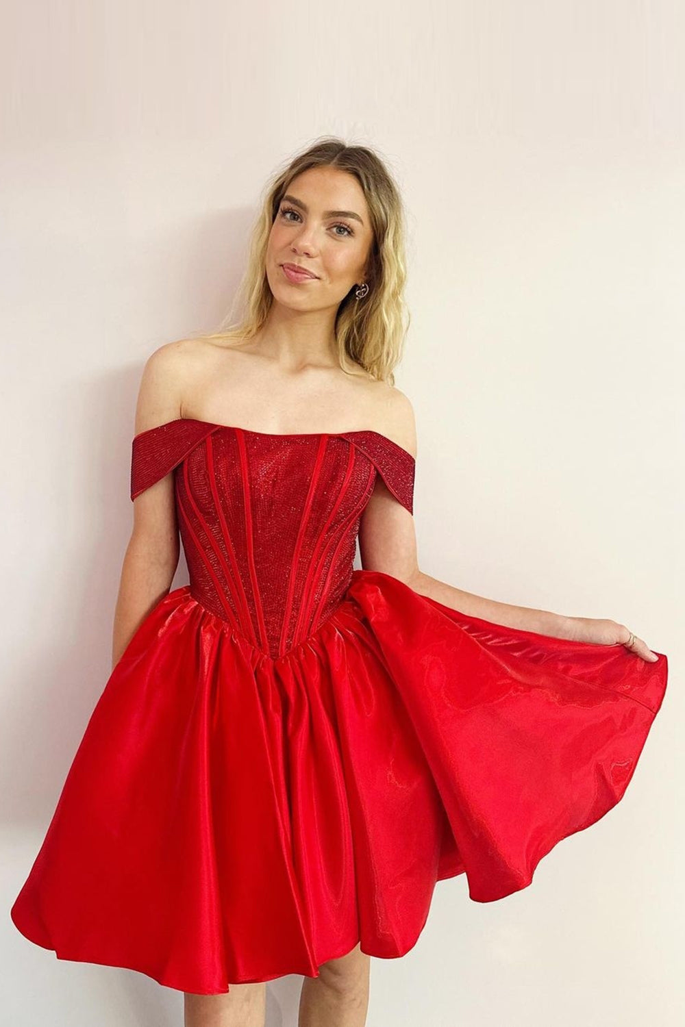 A-Line Sparkly Red Strapless Corset Ruffle Homecoming Dresses with Sequins