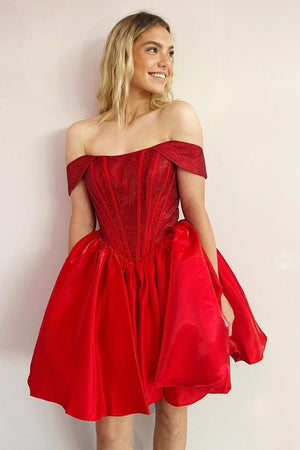 A-Line Sparkly Red Strapless Corset Ruffle Homecoming Dresses with Sequins