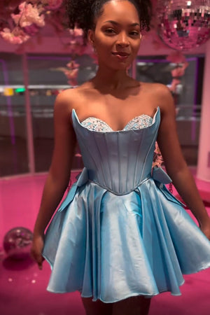 A Line Blue Corset Strapless Homecoming Dress With Beaded