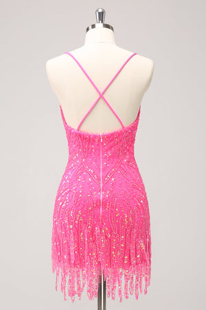 Sparkly Hot Pink Tight Sequins V Neck Homecoming Dress with Fringes