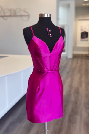 Fuchsia Deep V Neckline Homecoming Dress with Corset Bodice