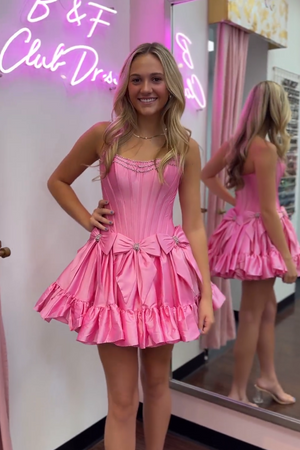 A-Line Sparkly Pink Beaded Ruffle Corset Homecoming Dress with Bow