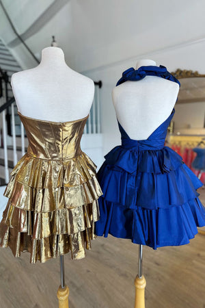 A-Line Royal Blue Halter Tiered Short Ruffle Corset Homecoming Dress