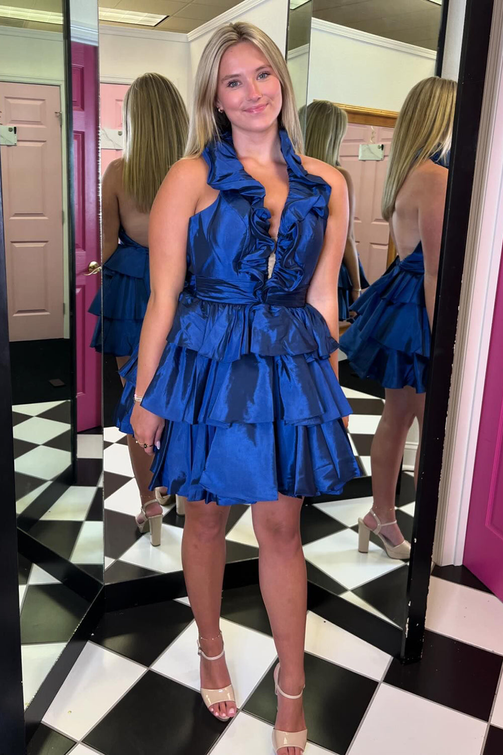 A-Line Royal Blue Halter Tiered Short Ruffle Corset Homecoming Dress