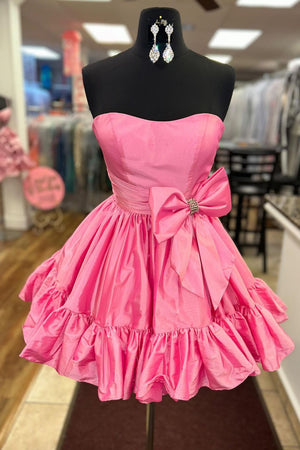 A-Line Sparkly Pink Ruffle Beaded Corset Homecoming Dress with Bow