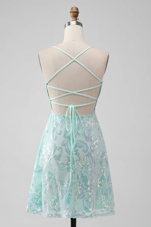 Mint A Line Sequins Short Homecoming Dress with Lace-up Back