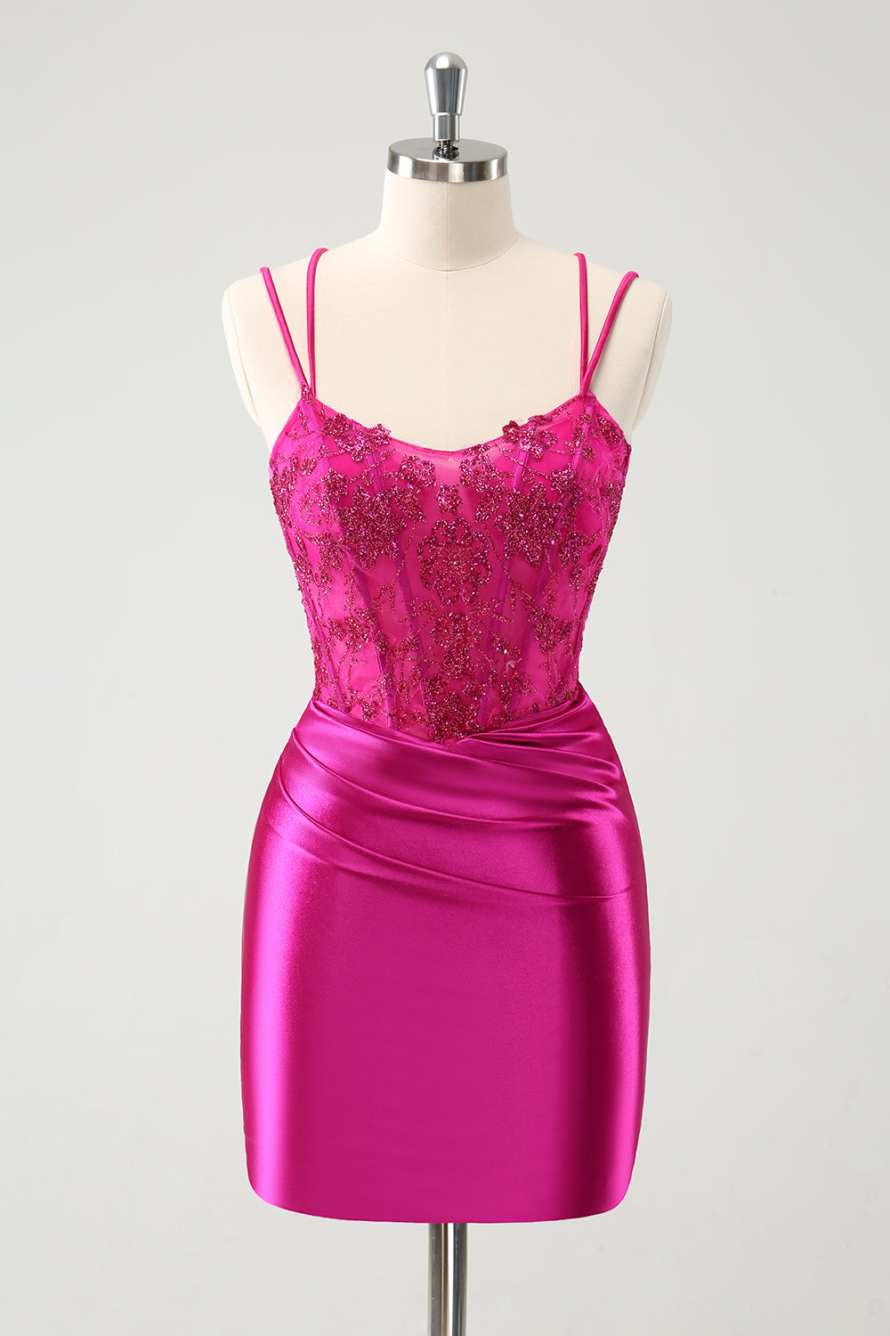 Fuchsia Corset Tight Spaghetti Straps Homecoming Dress With Appliques