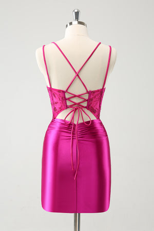 Fuchsia Corset Tight Spaghetti Straps Homecoming Dress With Appliques