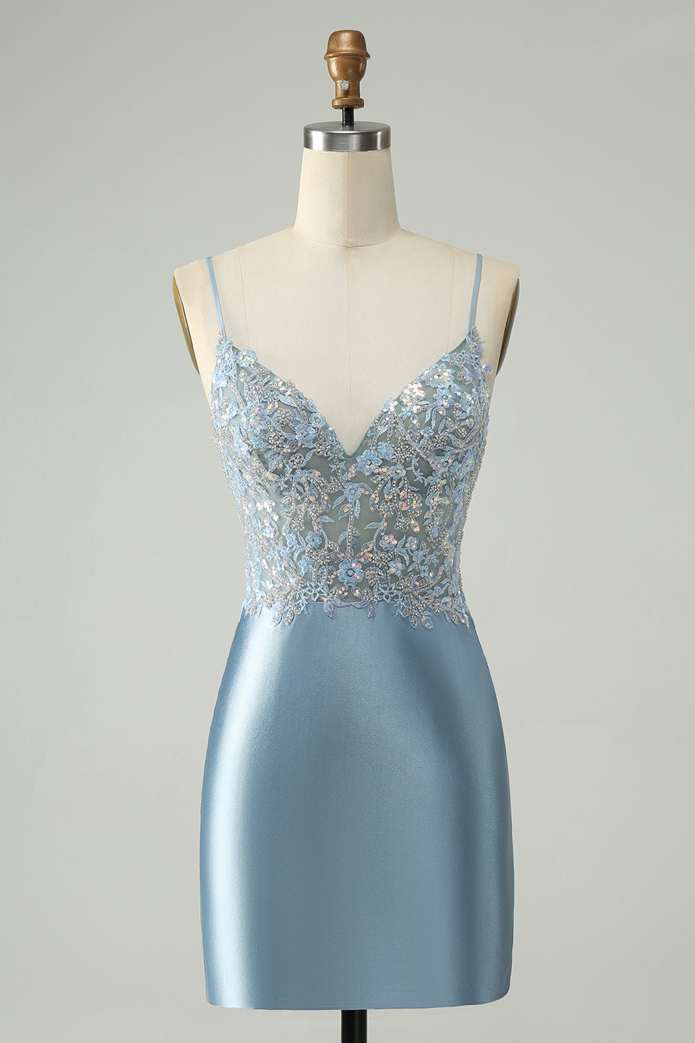 Glitter Dusty Blue Beaded Floral Tight Satin Homecoming Dress