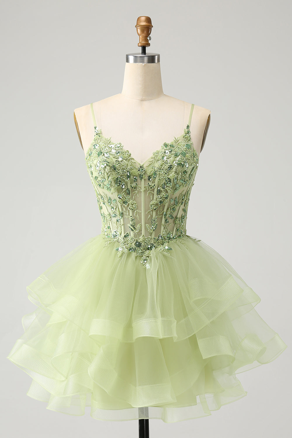 Green Corset Tulle Tiered Homecoming Dress With Appliques