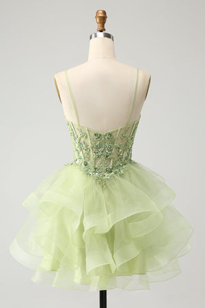 Green Corset Tulle Tiered Homecoming Dress With Appliques