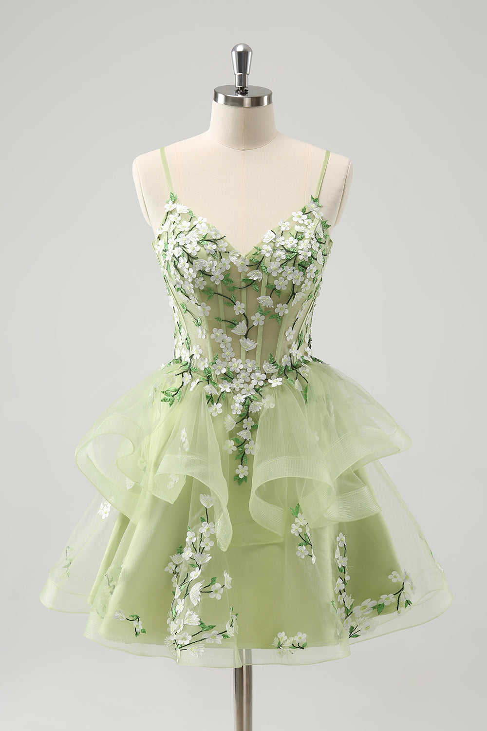 Floral Appliques Light Green Corset Cute Homecoming Dress