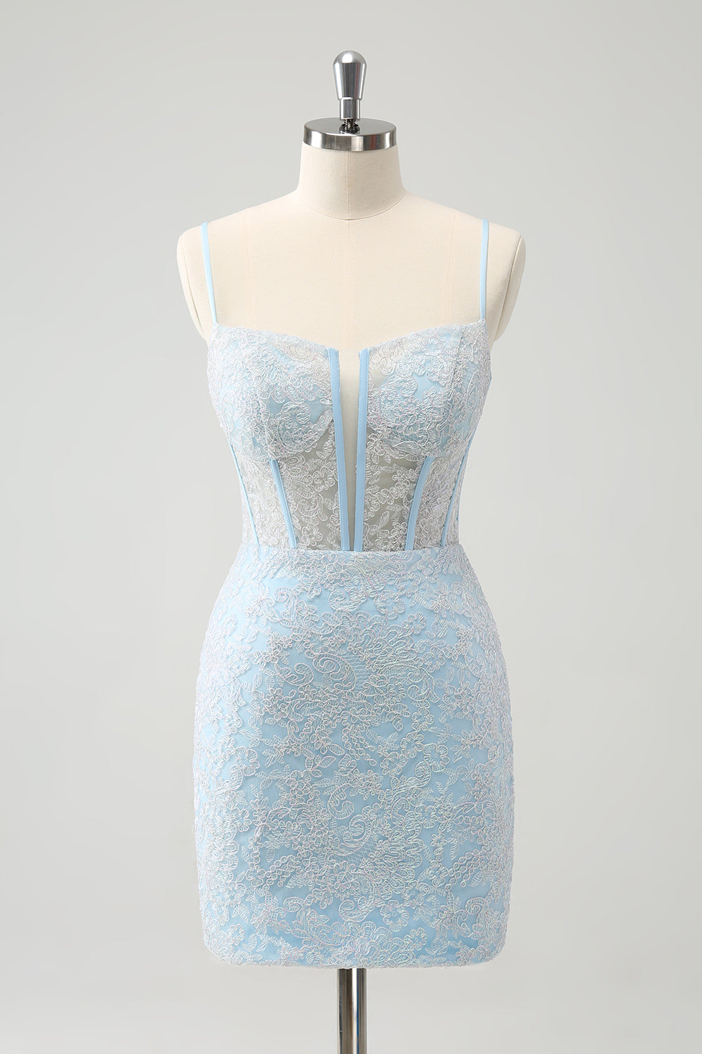 Light Blue Corset Spaghetti Straps Tight Homecoming Dress