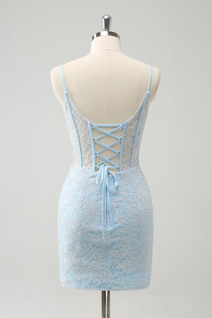 Light Blue Corset Spaghetti Straps Tight Homecoming Dress