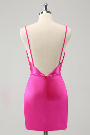 Glitter Hot Pink Tight Spaghetti Straps Homecoming Dress