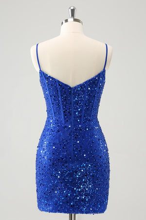 Glitter Royal Blue Tight Spaghetti Straps Homecoming Dress with Sequins