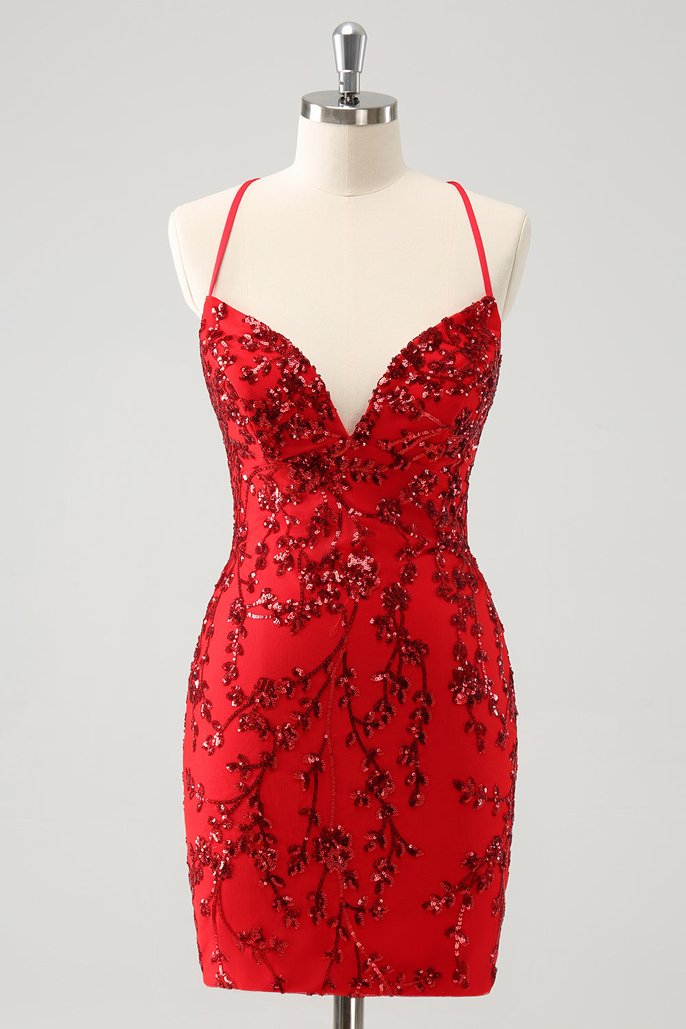 Glitter Red Tight V Neck Homecoming Dress with Sequins