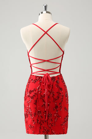 Glitter Red Tight V Neck Homecoming Dress with Sequins